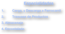 Especialidades
        Carga, y Descarga a Ferrocarril
        Trasvase de Productos
Almacenaje
Encostalado